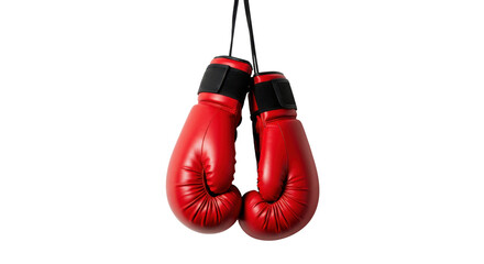 Hanging red boxing gloves for sport and competition isolated PNG with Transparent Background