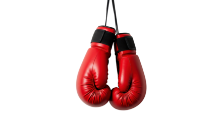 Hanging red boxing gloves for sport and competition isolated PNG with Transparent Background