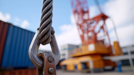 Close-up of Steel Cable and Crane Hook with Container Tower