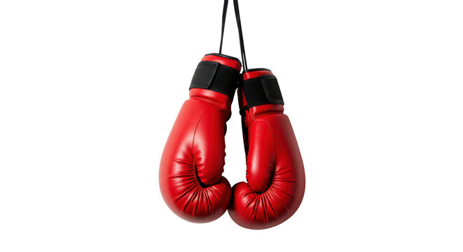Hanging red boxing gloves for sport and competition isolated PNG with Transparent Background