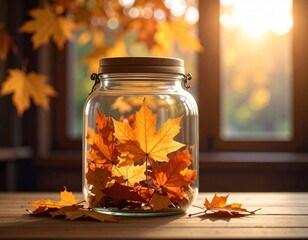 Captured Autumn: Golden Maple Leaves in a Glass Jar