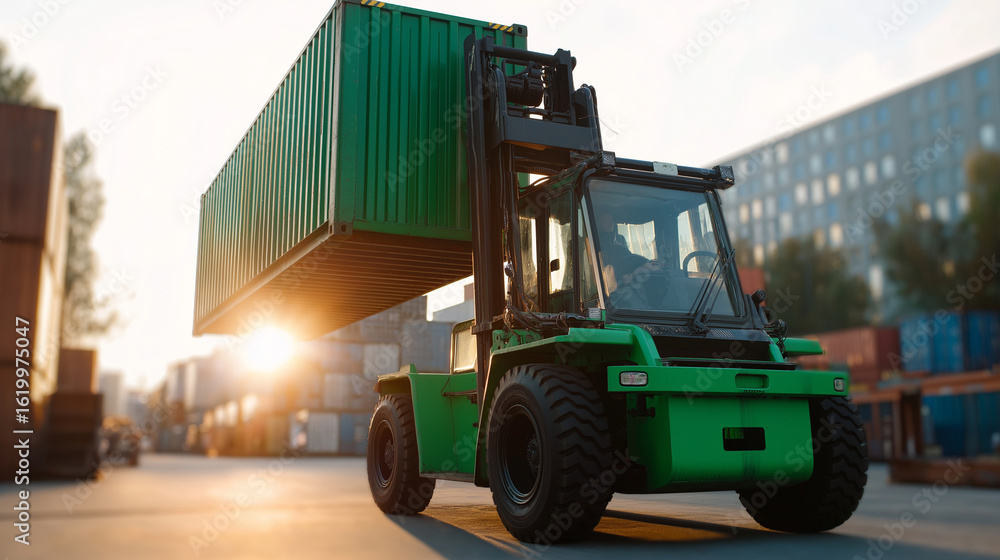 Poster reach stacker lifting emerald container with dusty background