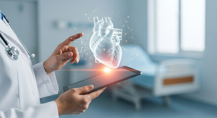 heart health monitoring, Doctor using digital tablet to interact with glowing holographic heart model in hospital room showing futuristic cardiology innovation and virtual diagnosis system

