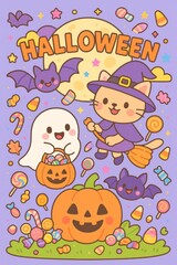 Obraz premium A fun cartoon vector illustration of a Halloween party set with playful elements, perfect for a child's invitation card featuring a smiling kid, cat, and pumpkin