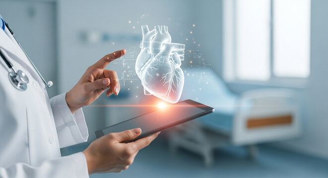 heart health monitoring, Doctor using digital tablet to interact with glowing holographic heart model in hospital room showing futuristic cardiology innovation and virtual diagnosis system


