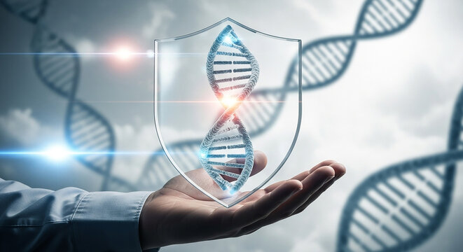 genetic data protection, Hand holding transparent shield with glowing dna strand inside representing biotechnology safety privacy in scientific research and genetic engineering field

