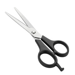 A single pair of office scissors with dark ergonomic handles and polished metallic blades, isolated on a transparent studio background in UHD 3/4 view, concept of precision and utility