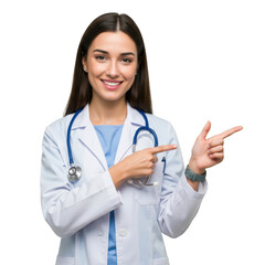 Smiling female doctor wearing a white lab coat and stethoscope pointing to the right isolated on transparent background
