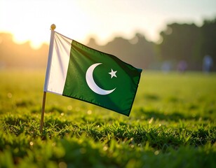 Pakistan Flag Waving in Green Field at Sunset – National Pride & Serene Landscape