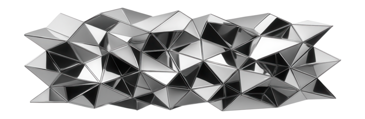 Suspended network of angular, overlapping panels with a reflective, mirrored finish.