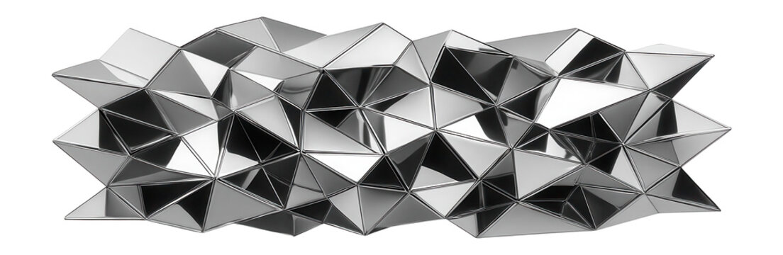 Suspended network of angular, overlapping panels with a reflective, mirrored finish.