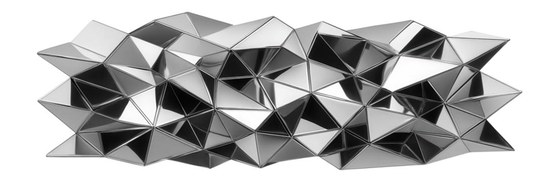 Suspended network of angular, overlapping panels with a reflective, mirrored finish. - Powered by Adobe