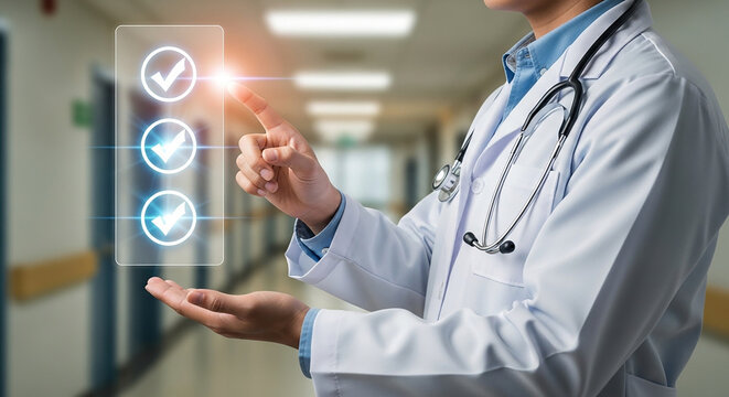 healthcare checklist concept, doctor interacting with glowing virtual check marks in hospital corridor used for medical planning quality control or treatment verification visuals

