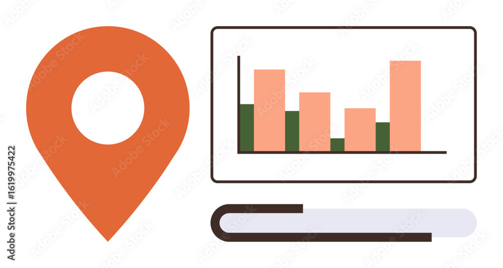 Poster orange location marker next to a bar chart on a screen with a book below. ideal for data, education,