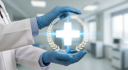 medical excellence concept, doctor with gloves holding glowing healthcare cross and laurel symbol in modern hospital background for wellness safety and clinic branding visuals

