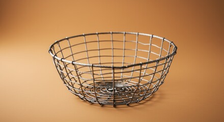 Obraz premium A silver wire basket, bowl-shaped, sits on a muted orange background. Its construction shows a consistent, tight weave of metal wires forming a sturdy, yet delicate, structure. 