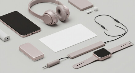 Everyday tech accessories arranged neatly with empty card mockup