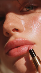 Woman is applying glossy lip gloss to her lips with an applicator, highlighting vibrant color and texture, creating a fresh and appealing beauty aesthetic5