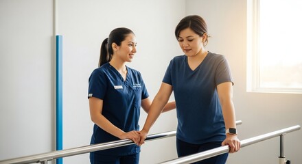 Physiotherapist assisting patient parallel bars