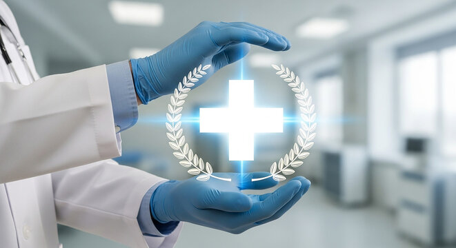 medical excellence concept, doctor with gloves holding glowing healthcare cross and laurel symbol in modern hospital background for wellness safety and clinic branding visuals


