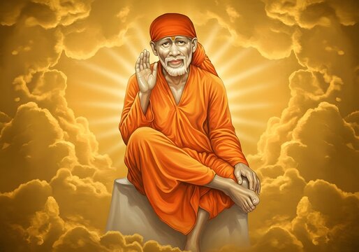 Digital Artwork of Shirdi Sai Baba with Golden Aura - Indian Spiritual Icon