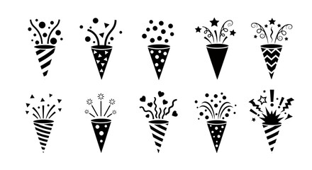 Vector confetti poppers PNG images: a collection of twelve black and white party popper illustrations, perfect for festive designs, celebrations, and party invitations.