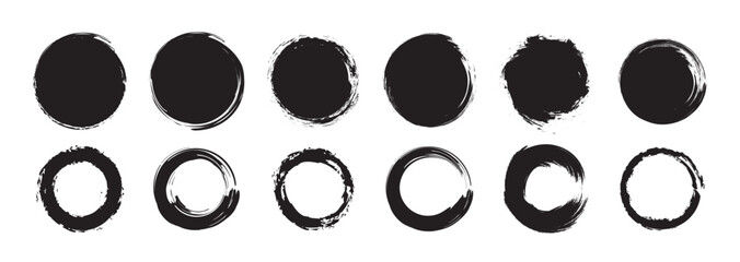 Set different circle brush strokes, hand drawn paint brush circle logo frame – for stock  Set of black grunge circles shapes on a white background.