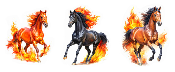 Watercolor Clipart of Bright Burning Galloping Fire Horses Isolated on White Background. AI generated. Set of Drawn Elements.