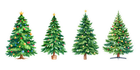 Watercolor Clipart of Green Fluffy Christmas Trees Isolated on White Background. AI generated. Set of Drawn Elements.