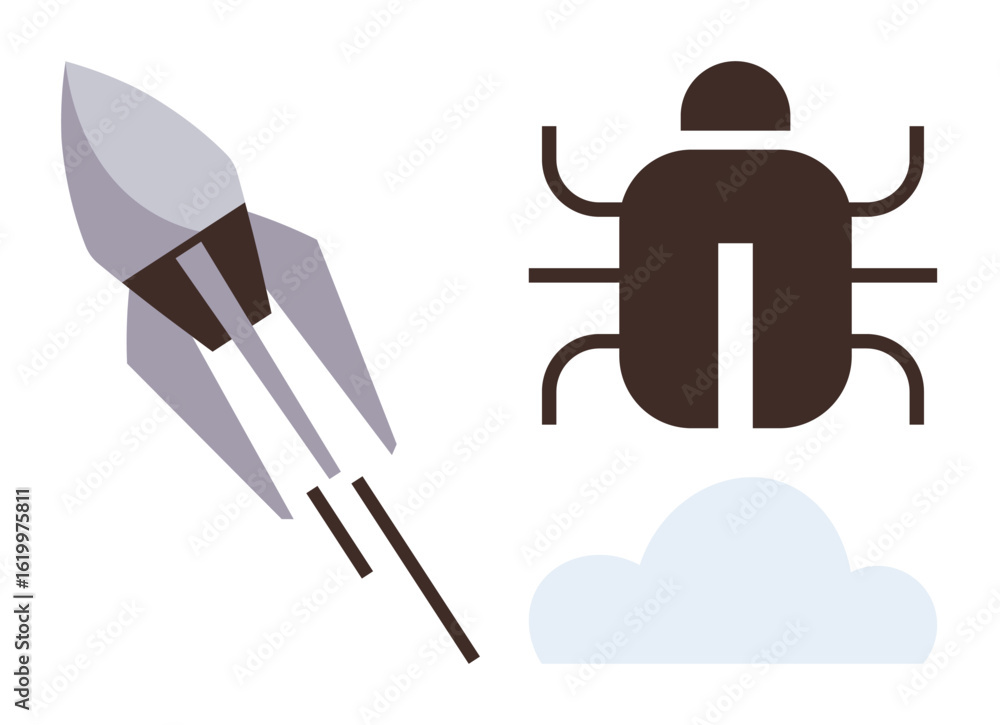 Poster rocket symbolizing innovation adjacent to bug denoting software issues, set above a minimalist cloud