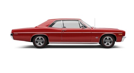 Obraz premium Side view of a vintage, cherry-red coupe. Clean white background. Car has chrome accents, white-walled tires, and a long hood