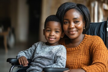 Mother and disabled child sitting in a wheelchair, representing a black African American family with a focus on disability inclusion and diversity in childhood and parenthood, Generative AI
