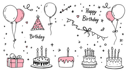 Hand-drawn vector illustration featuring birthday elements like cakes, balloons, party hats, gifts, and confetti for festive celebrations.
