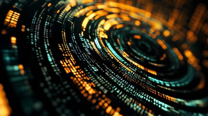Сircles glowing digital data streams swirls a vortex. Abstract curved patterns of binary-like symbols blue and orange colors.

