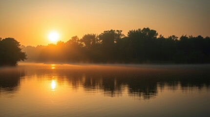 Fototapeta premium Sunrise over a calm lake with misty trees creating reflections