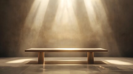 Clean, empty table at the center of studio space, illuminated by rays of soft, golden light streaming from above. Minimalist table for product display or presentation.