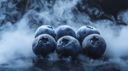 Frozen blueberries in cold mist covered in frost, close-up on dark background.