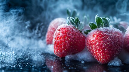 Close-up vibrant red strawberries covered in frost with cold mist on dark background. Freshness, freezing texture, chill for food or dessert presentation.