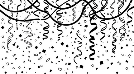 Naklejka premium A festive black and white vector illustration featuring an abstract shower of falling confetti and curly streamers, perfect for party celebrations.