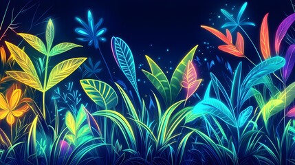Colorful neon glowing grassy field with vibrant leaves on dark background.