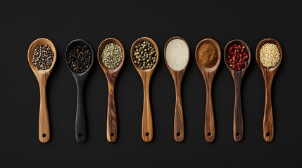 Top view of wooden spoons with spices in a row on a black background, minimalist culinary composition.