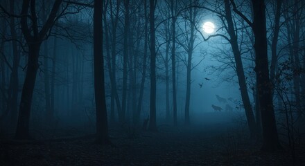 Fototapeta premium A moonlit, misty forest scene. Bare trees against a deep blue sky. Wolves silhouetted in fog, birds in flight. Atmosphere of mystery