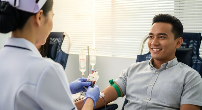 Blood donation, happy donor nurse
