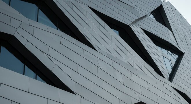 Abstract building facade with angular windows and geometric cladding