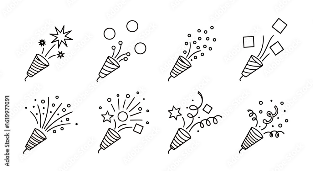 Poster a set of vector illustrations shows a collection of party poppers exploding with confetti and stream