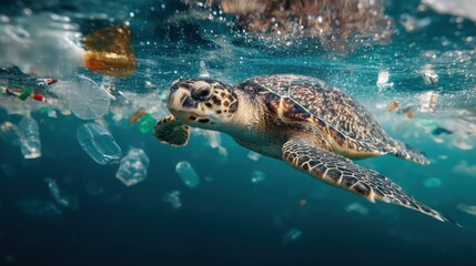 Obraz premium Sea turtle swimming in polluted ocean