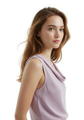 Sophisticated European Woman In Mauve Silk Draped Neck Top Showcasing Profile Pose With Timeless Elegance Isolated On PNG Background.