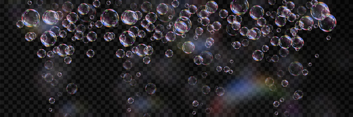 Realistic collection of soap bubbles. Blur effect. Vector. On a transparent background.