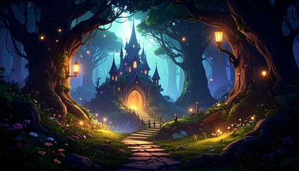 Enchanting castle nestled within a mystical forest at night