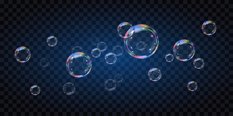 Soap bubbles, on a transparent background. The effect of falling and flying bubbles. The effect of glass bubbles. Vector EPS 10.